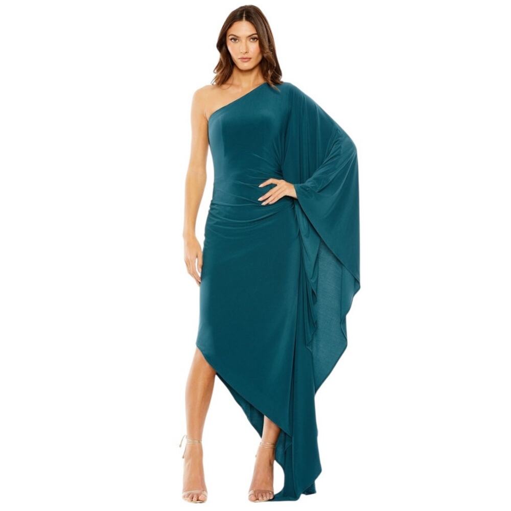 Mac Duggal Size Small 4-6 Style 20673 One Sleeve Ocean Green Asymmetrical Dress